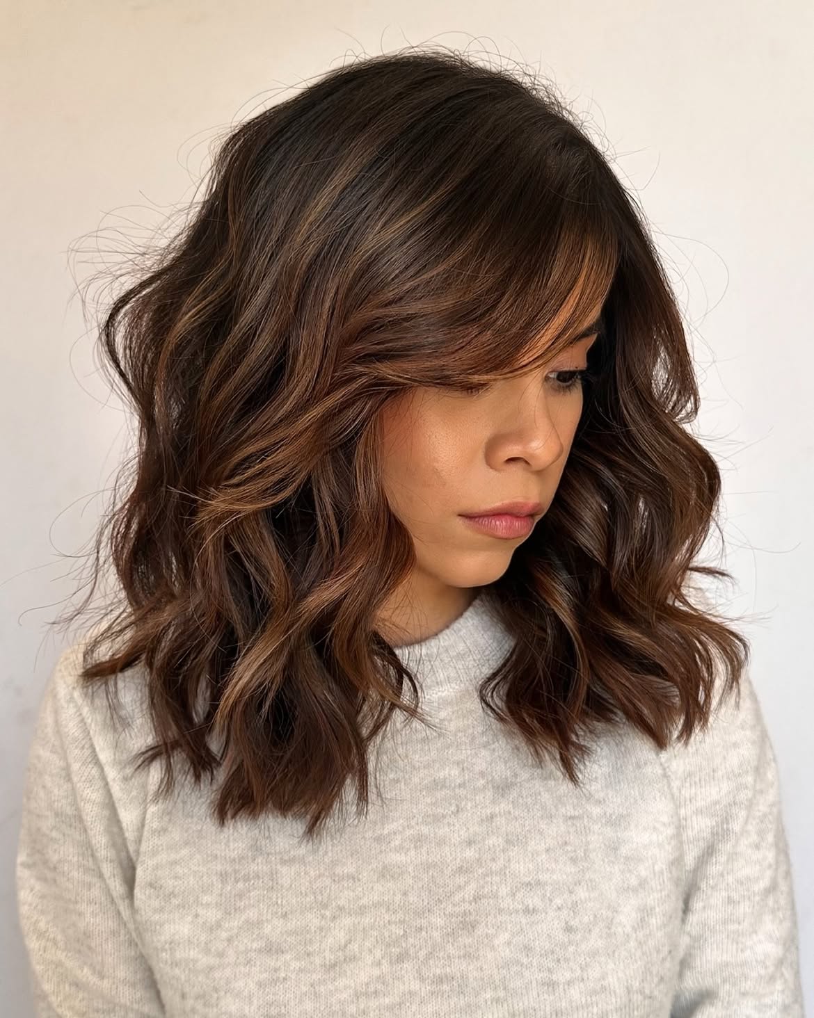 Chocolate Cherry Balayage Textured Lob With Face Framing