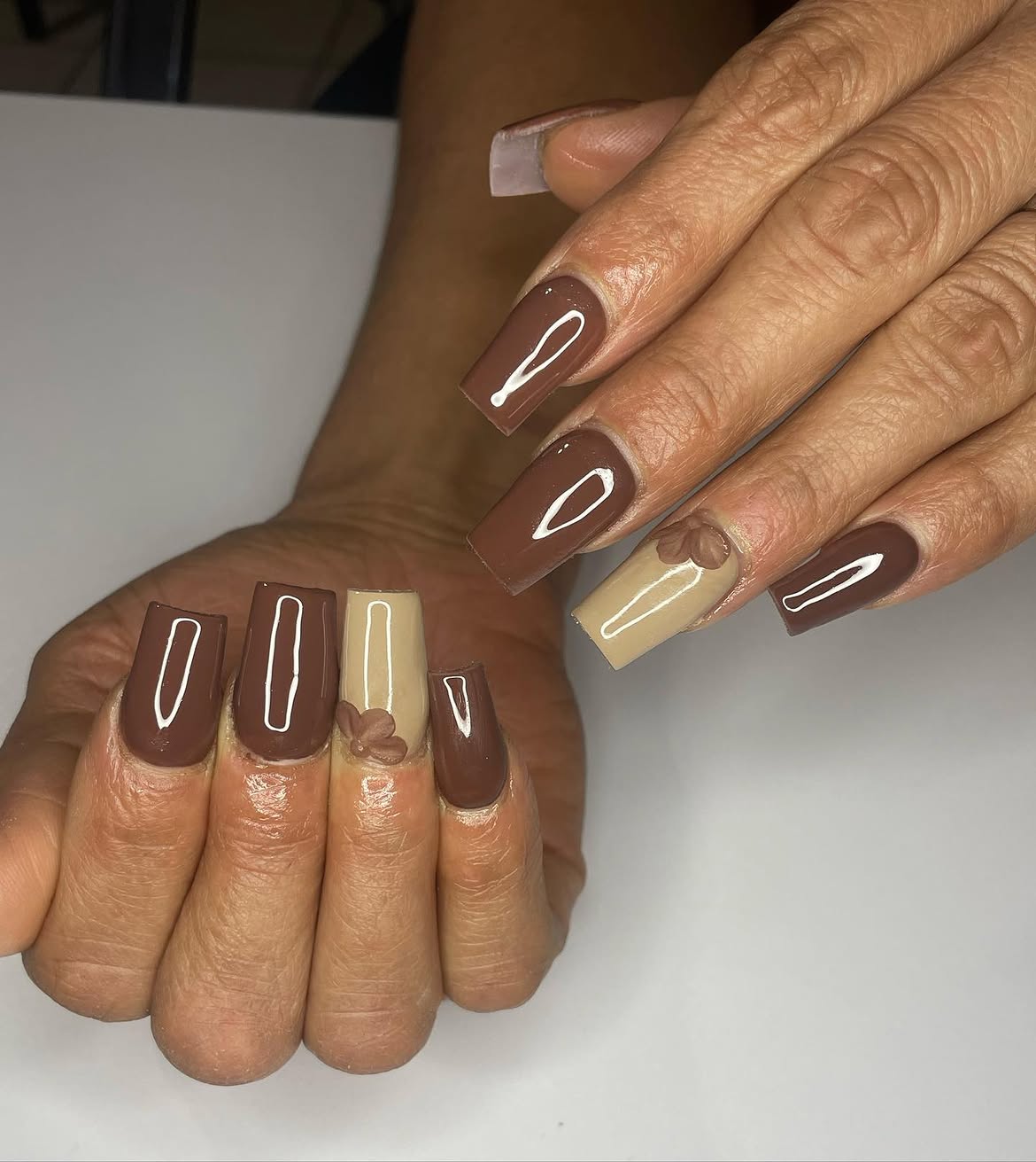 Chocolate & Cream 3D Flower Coffin Nails