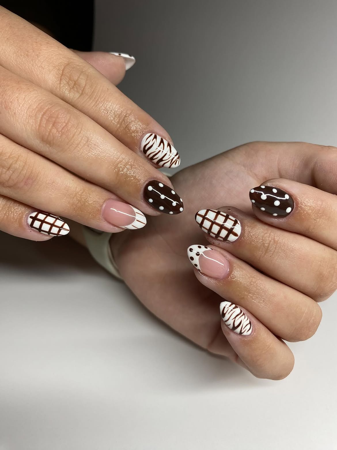 Chocolate & Cream Mixed Media French Almond Nails