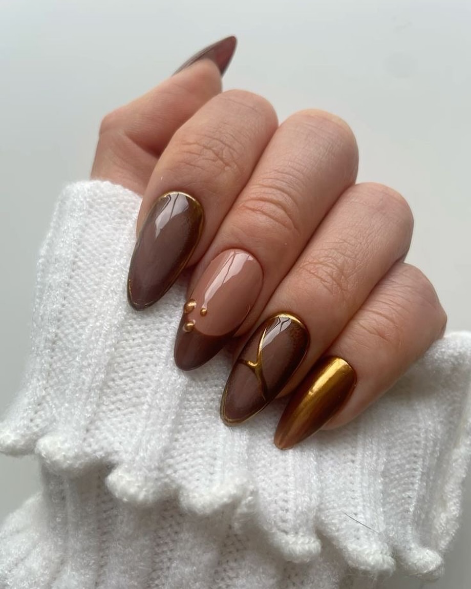 Chocolate & Gold Abstract Almond Nails