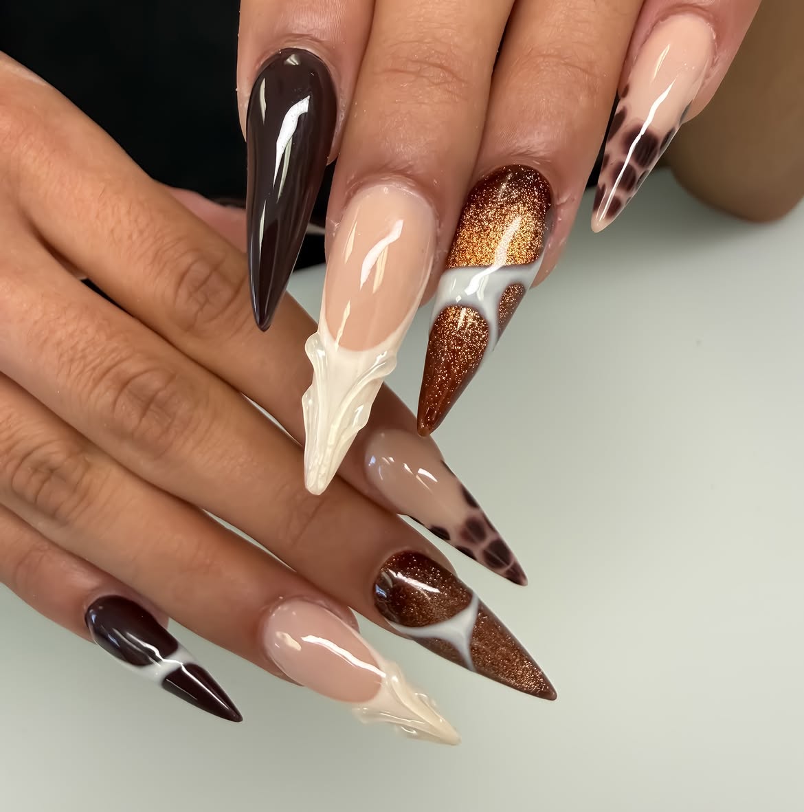 Chocolate Leopard Stiletto French Drip Nails