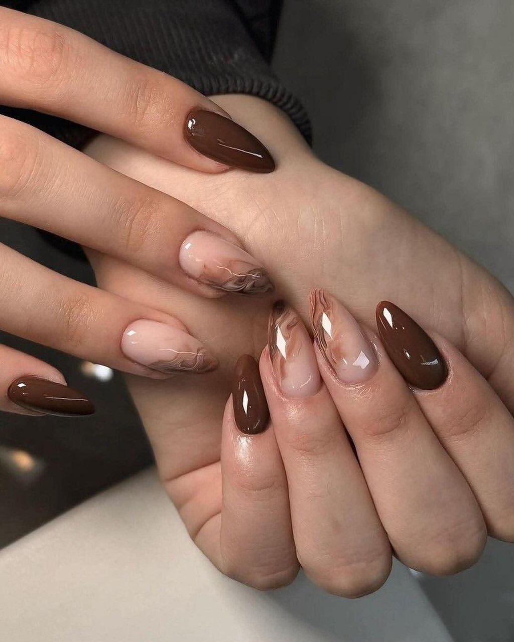 Chocolate Marble Almond Nails