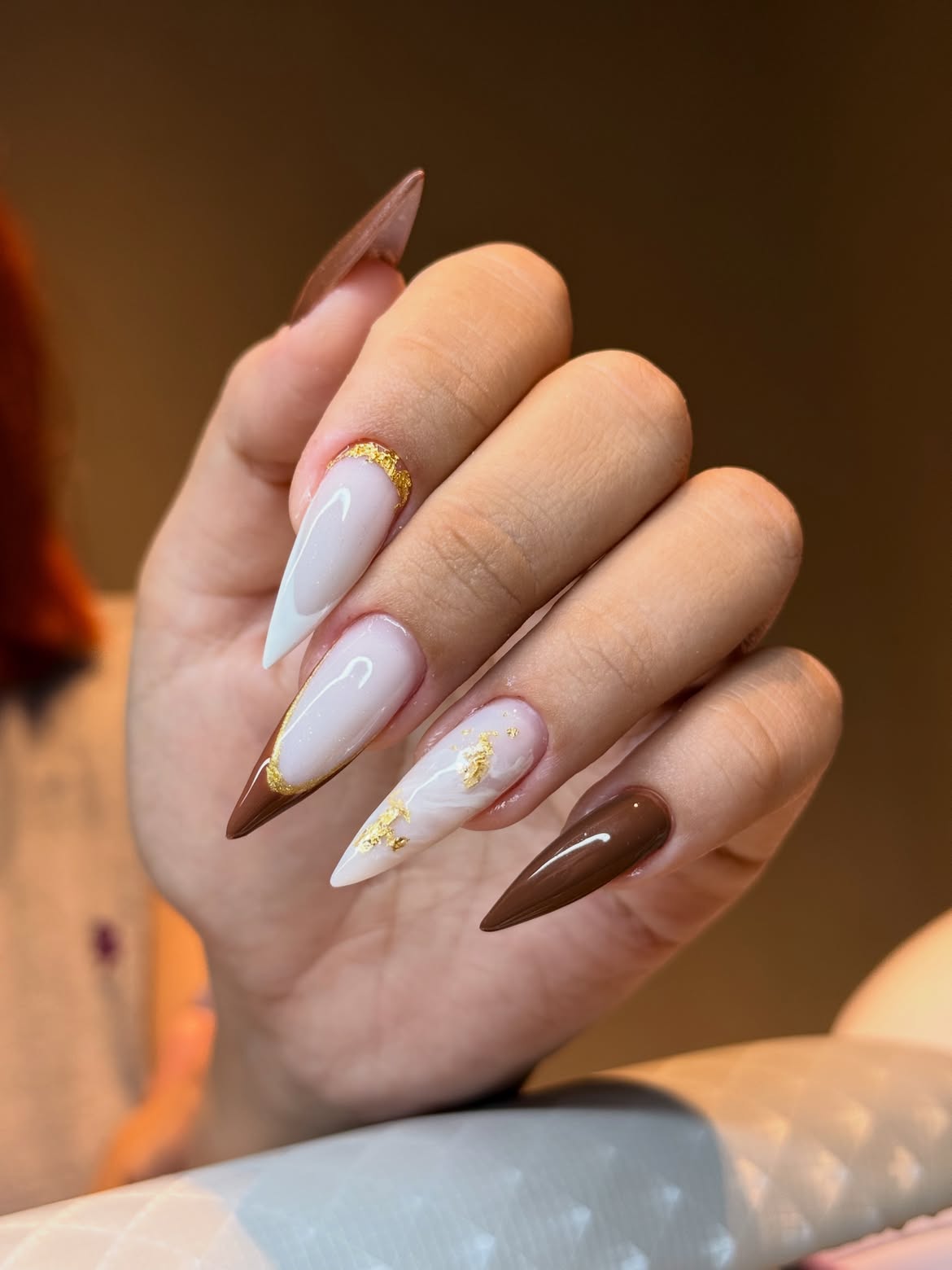 Chocolate Milk Stiletto French with Gold Accents