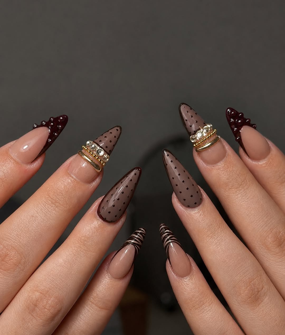 Chocolate Polka Dot Stiletto French Tip Nails
