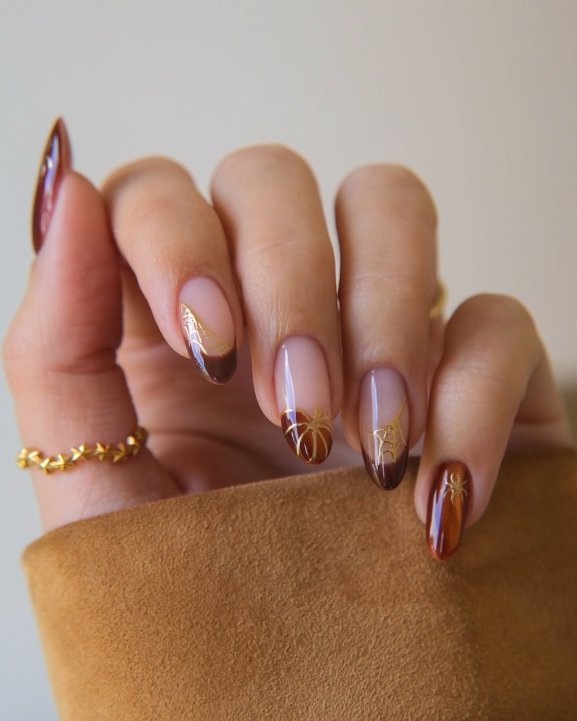 Chocolate Pumpkin Patch French Tip Almond Nails