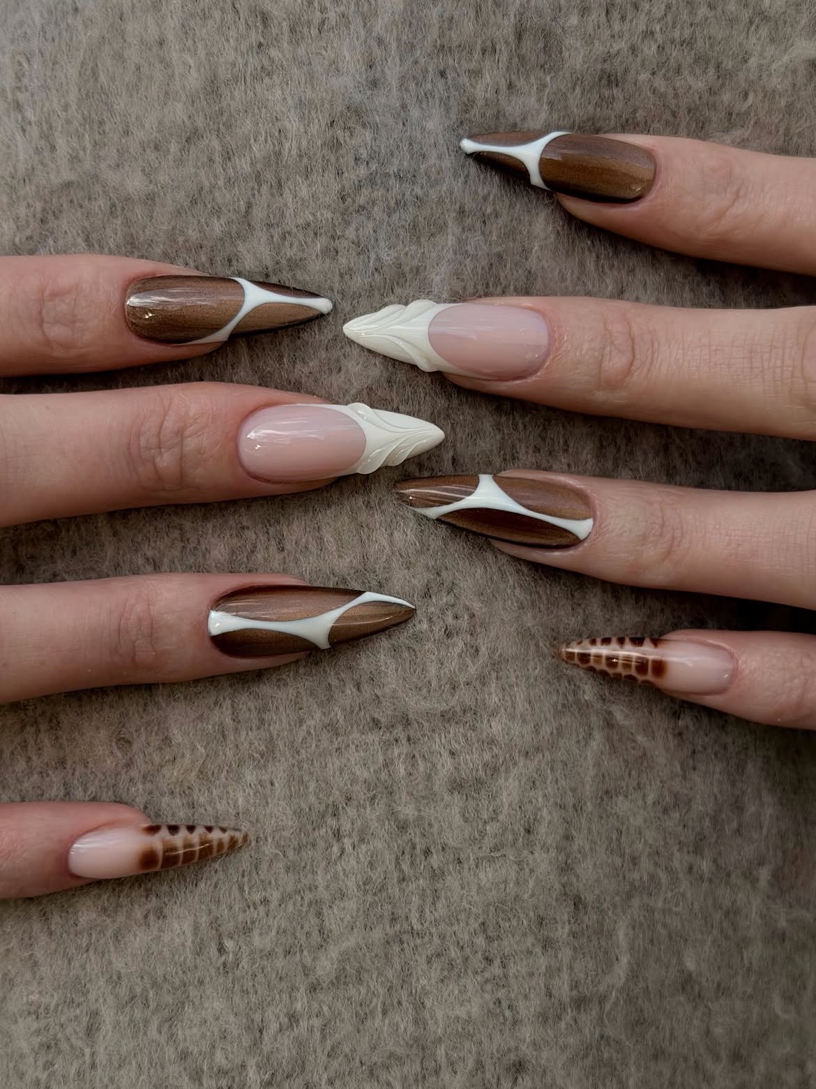 Chocolate Swirl French Tip Almond Nails