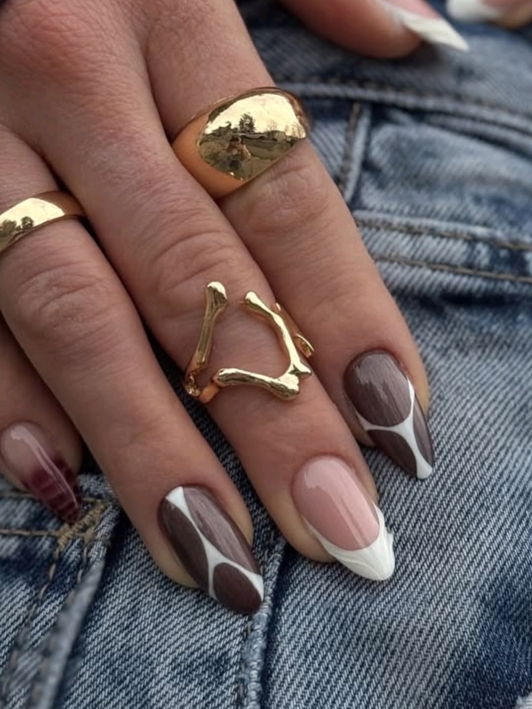 Chocolate Swirl French Tip Almond Nails