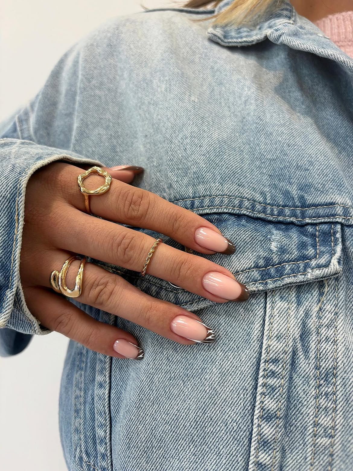 Chocolate Swirl French Tip Almond Nails
