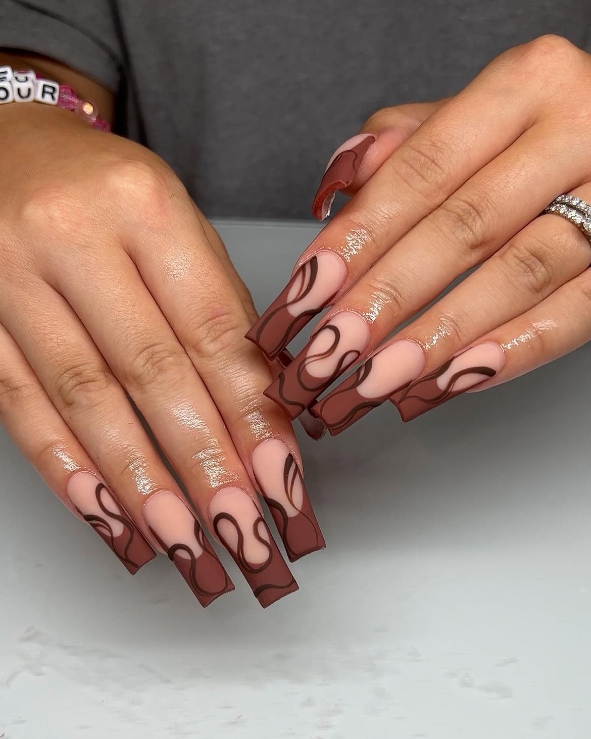 Chocolate Swirl Matte French Tip Coffin Nails