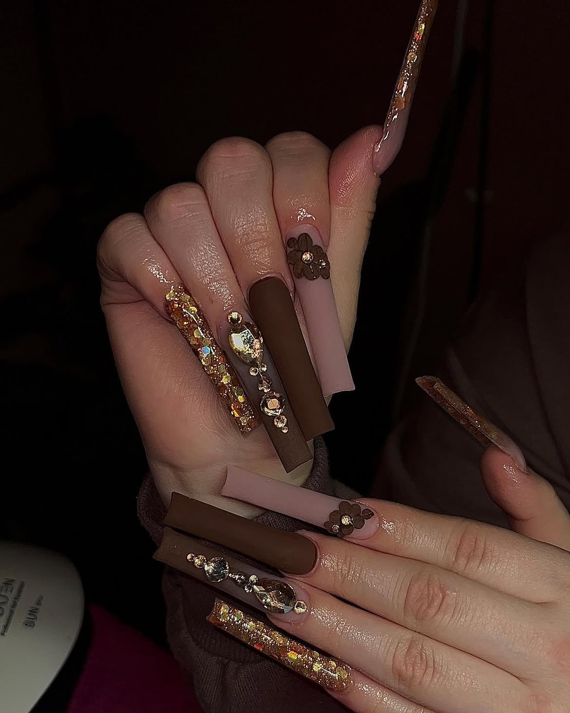 Chocolate Swirl Rhinestone Coffin Nails