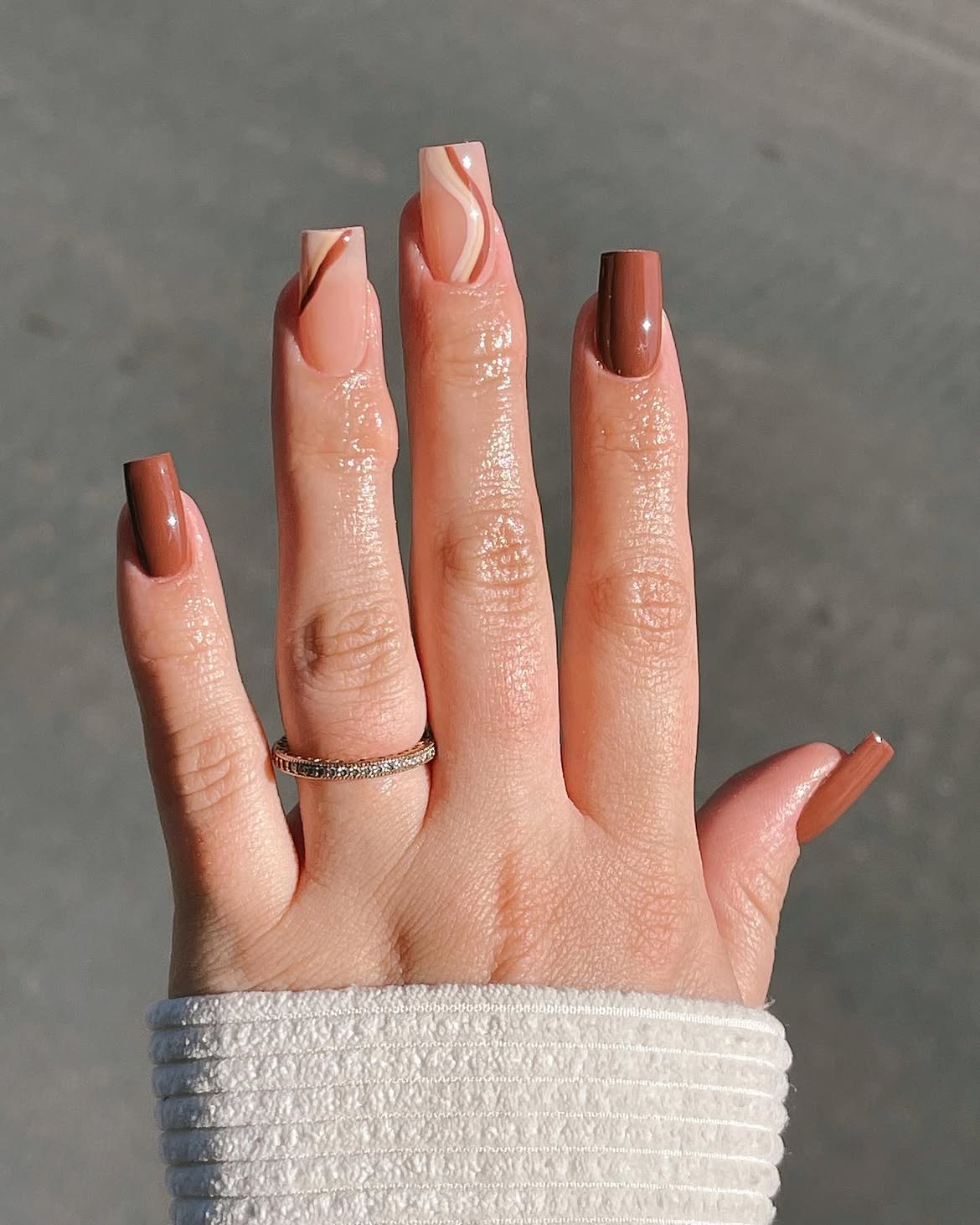 Chocolate Swirl Square Nails with Beige Base