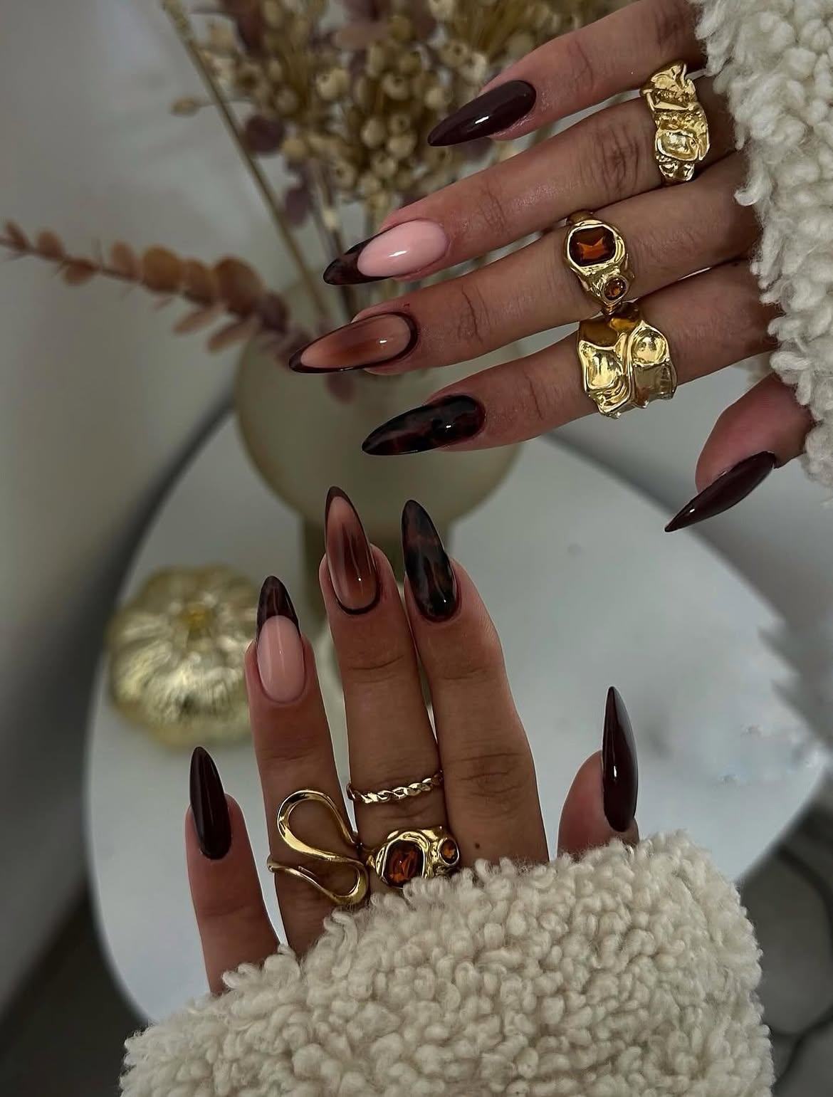 Chocolate Tortoiseshell Ombre Almond French Tips