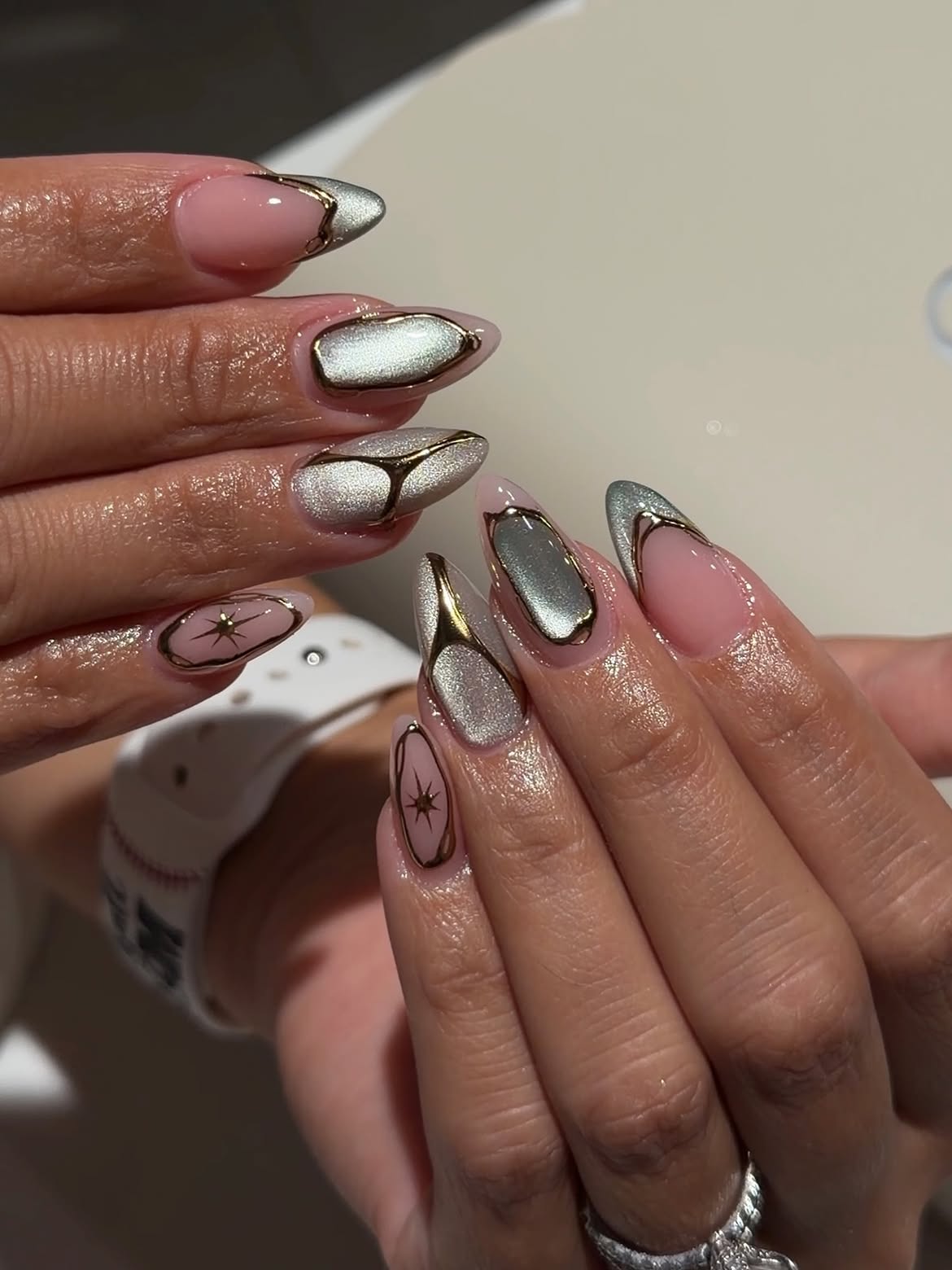 Chrome Gold Abstract Almond Nails
