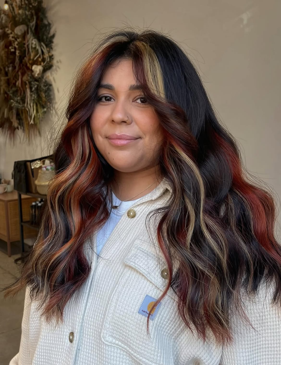 Chunky Balayage With Bold Red & Blonde Streaks