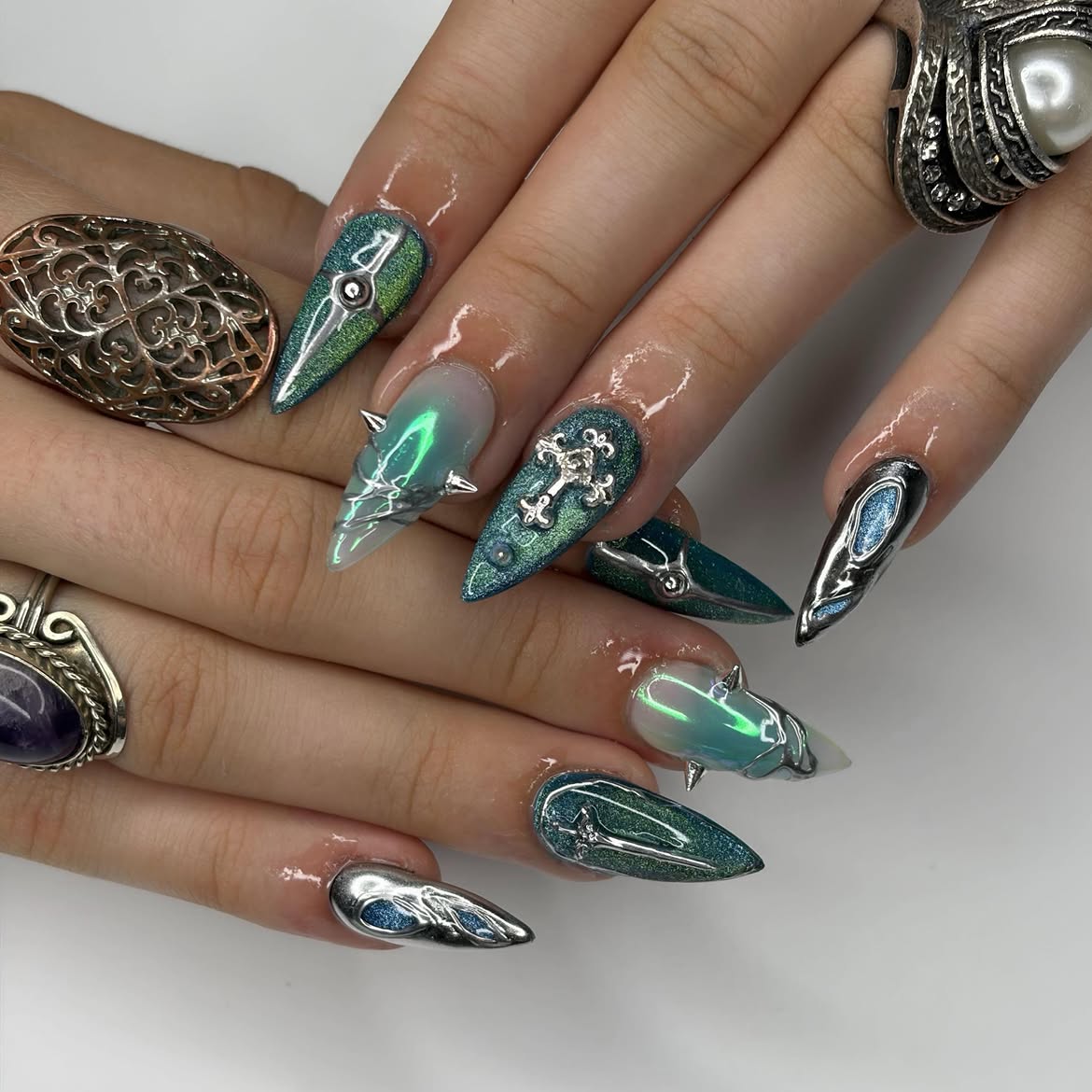 Chunky Chrome Cross Stiletto Nails