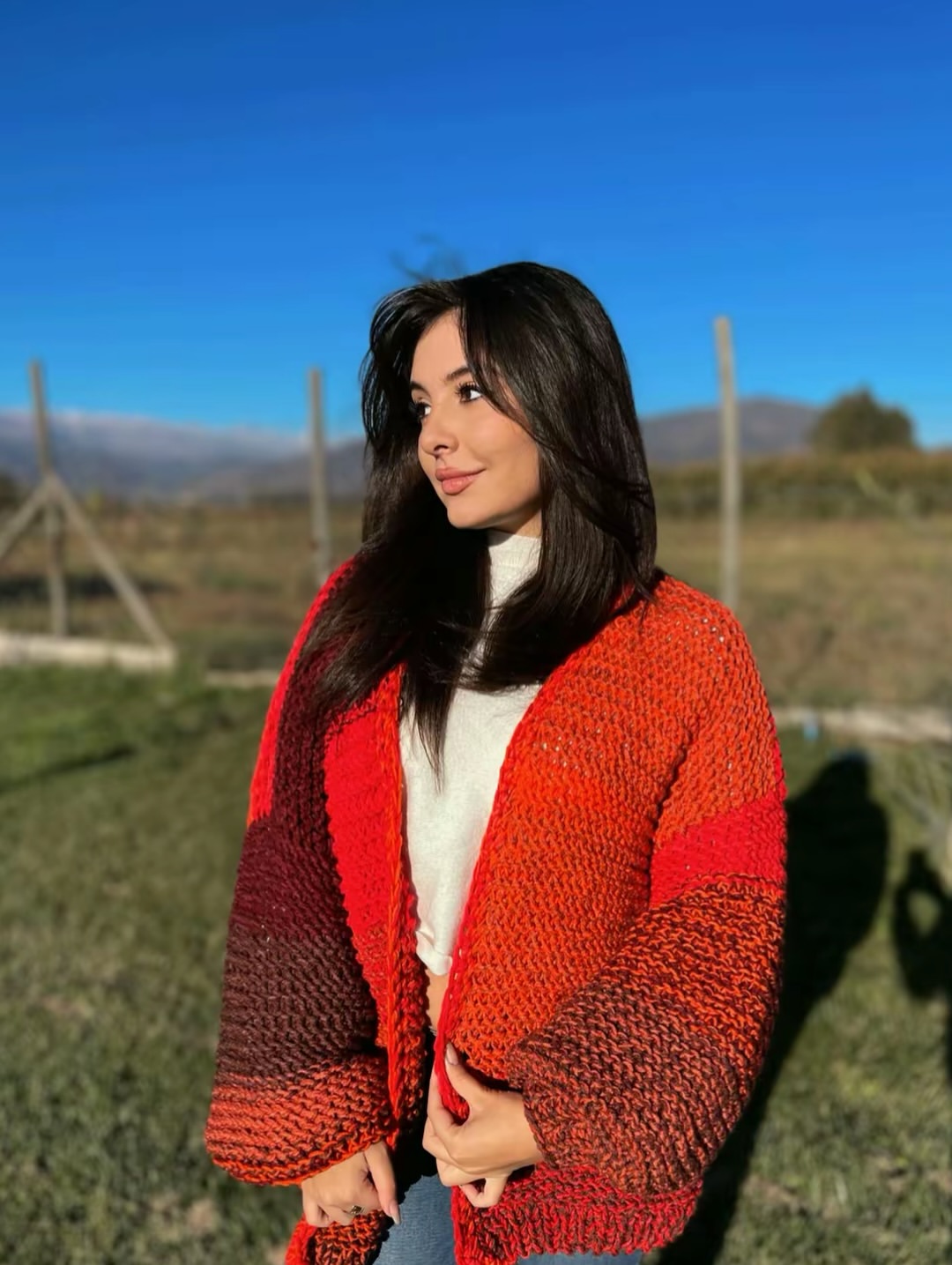Chunky Knit Ombre Cardigan With White Turtleneck