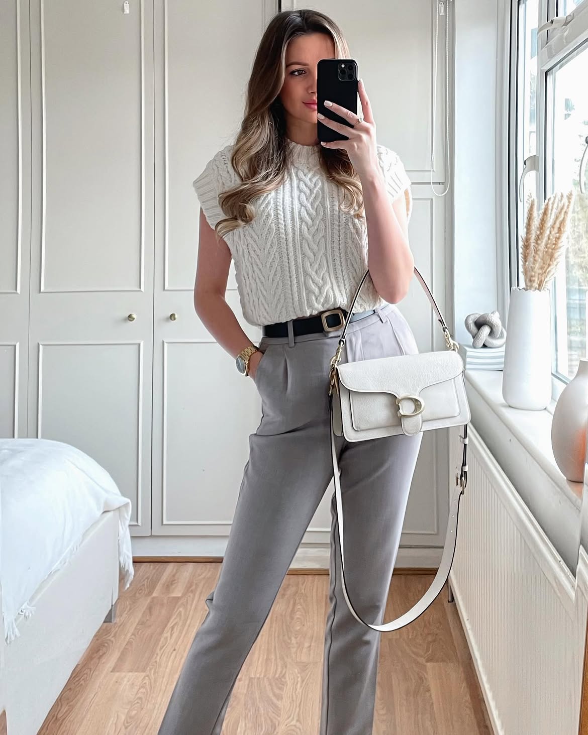 Chunky Knit Vest and Grey Trousers Office Chic