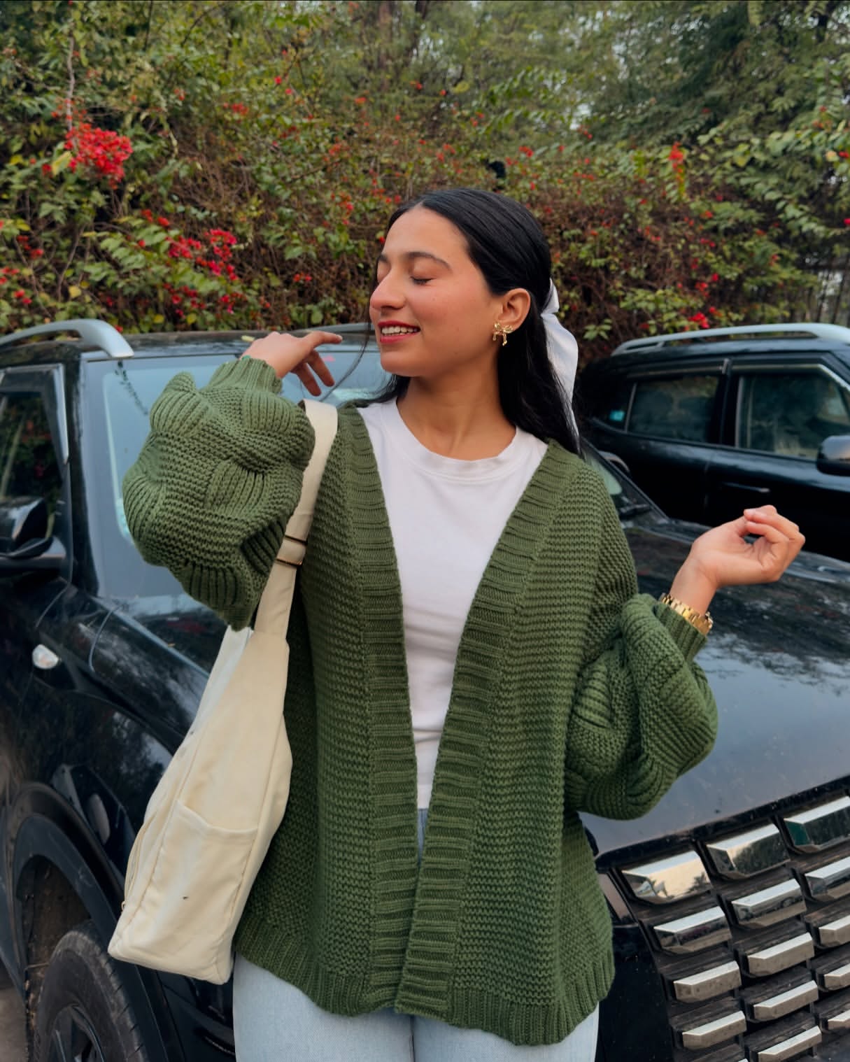 Chunky Olive Cardigan With Light Wash Jeans