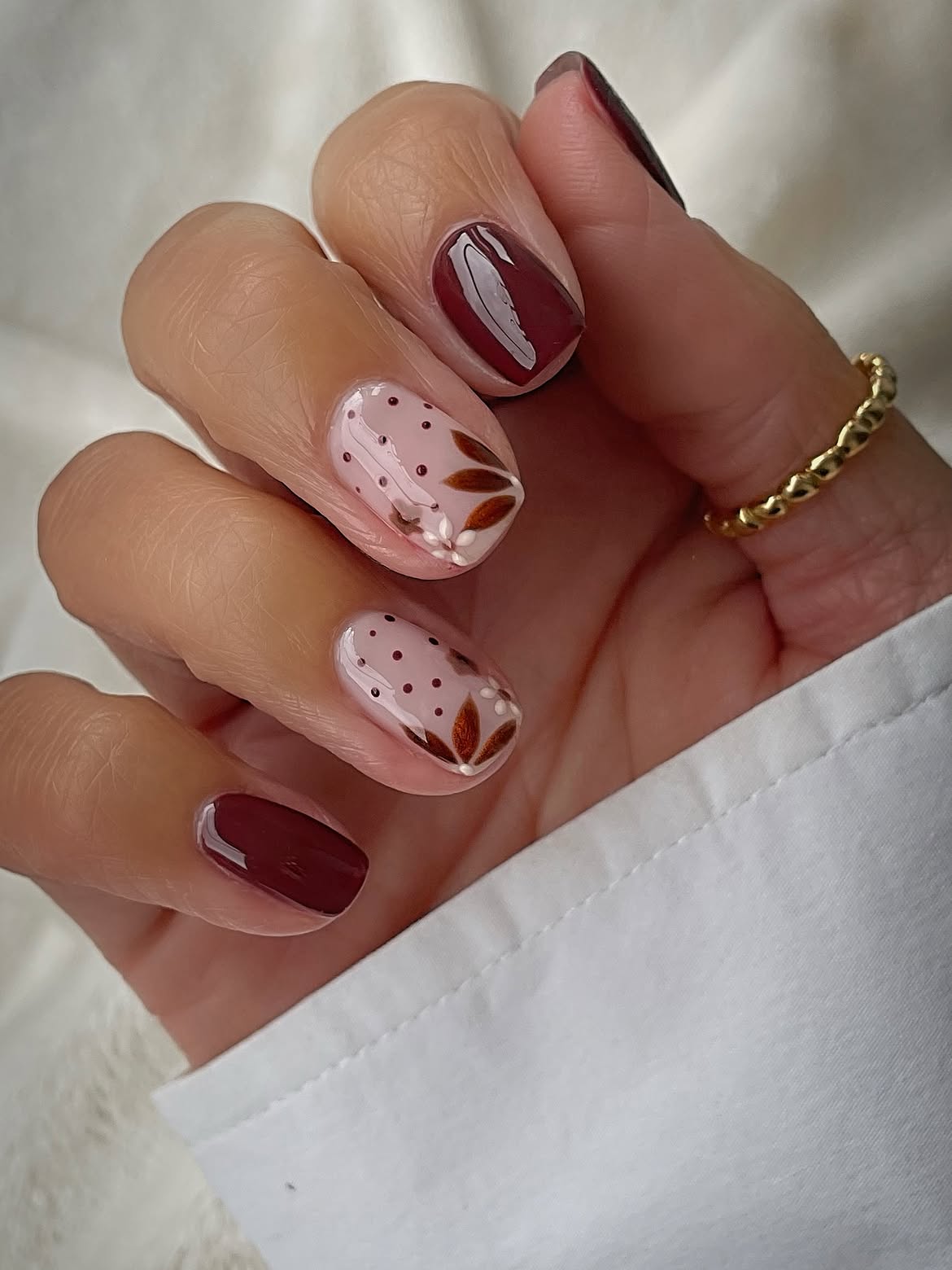 Classic Burgundy and Fall Floral Accent Nails