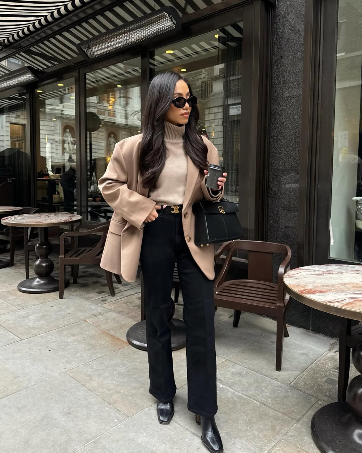 Classic Camel Blazer With Black Denim And Boots