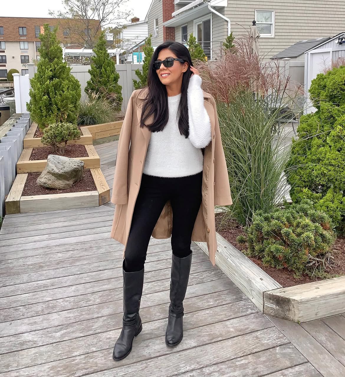 Classic Camel Coat With White Sweater And Black Leggings