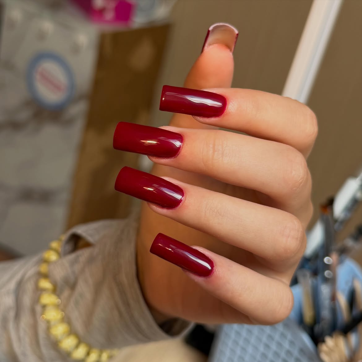 Classic Deep Cherry Red Glossy Square Nails