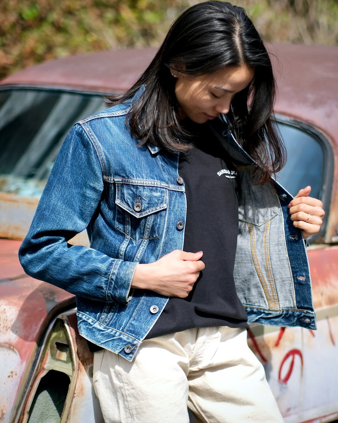 Classic Denim Jacket With Cream Trousers And Tee