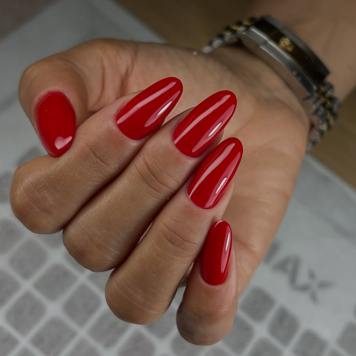 Classic Fiery Red High Gloss Almond Nails