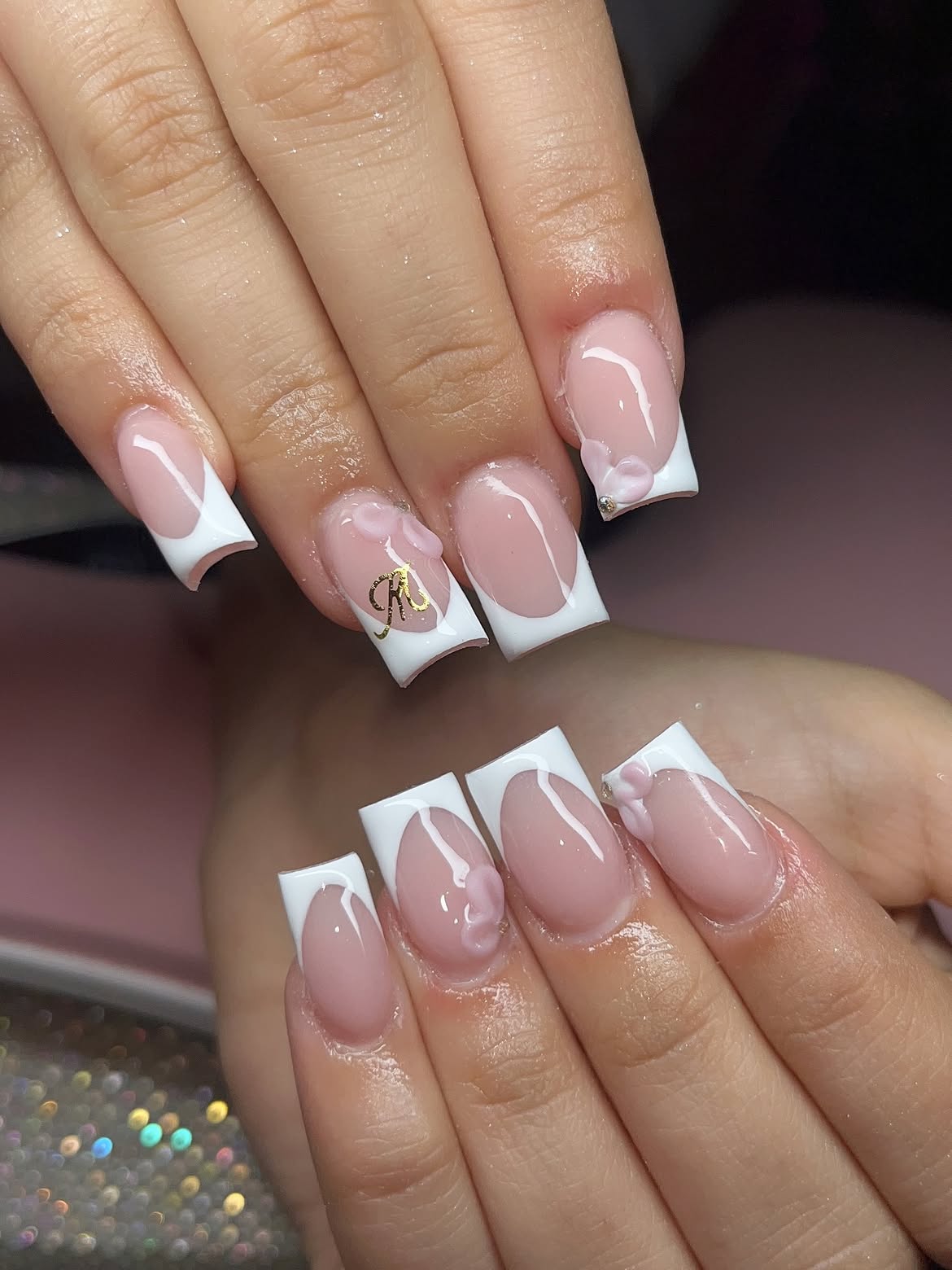 Classic French Tip Nails with 3D Charms
