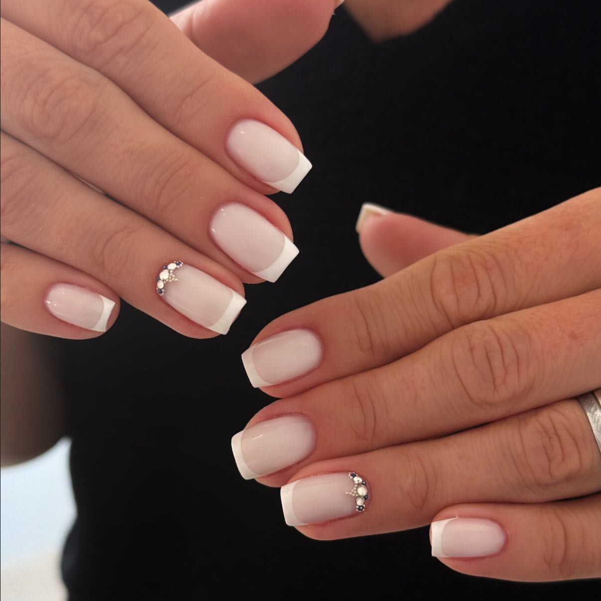 Classic French Tip Nails With Gem Accent
