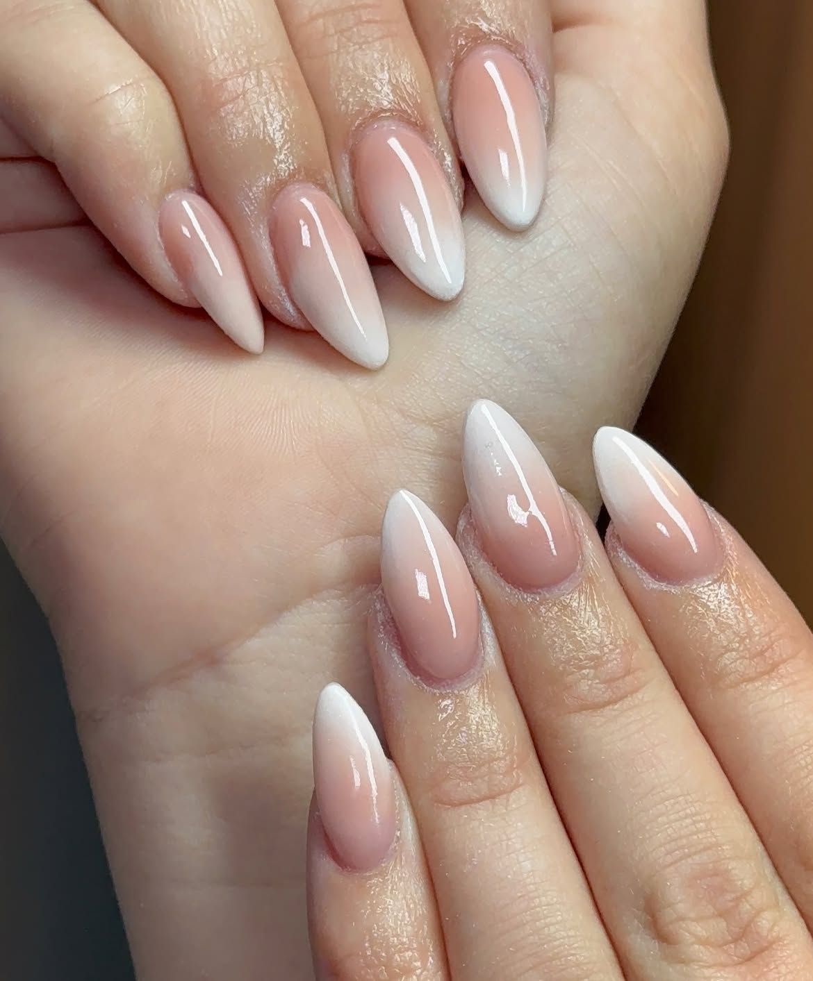 Classic Nude To White Almond Ombre Nails
