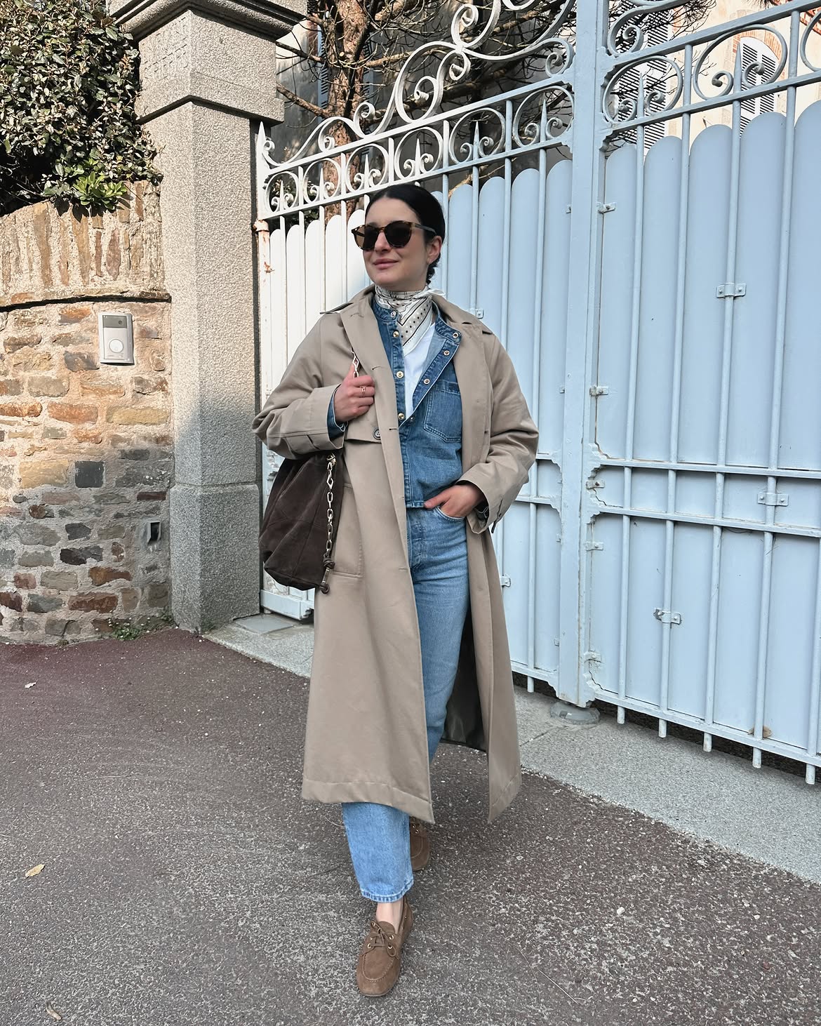 Classic Trench Layered Over Denim Shirt and Jeans