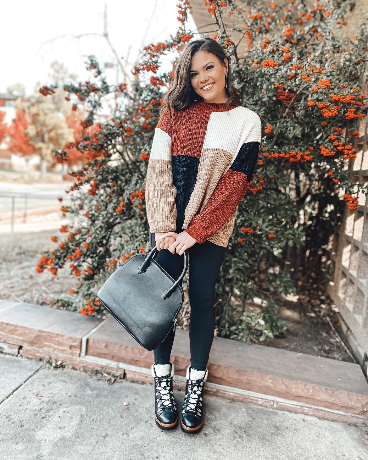 Colorblock Sweater With Black Leggings and Cozy Boots