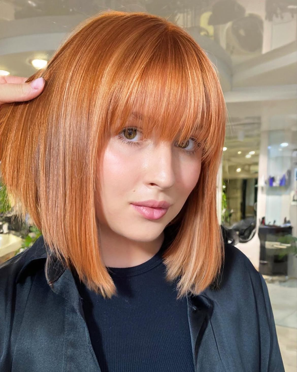 Copper Orange Bob With Blunt Bangs