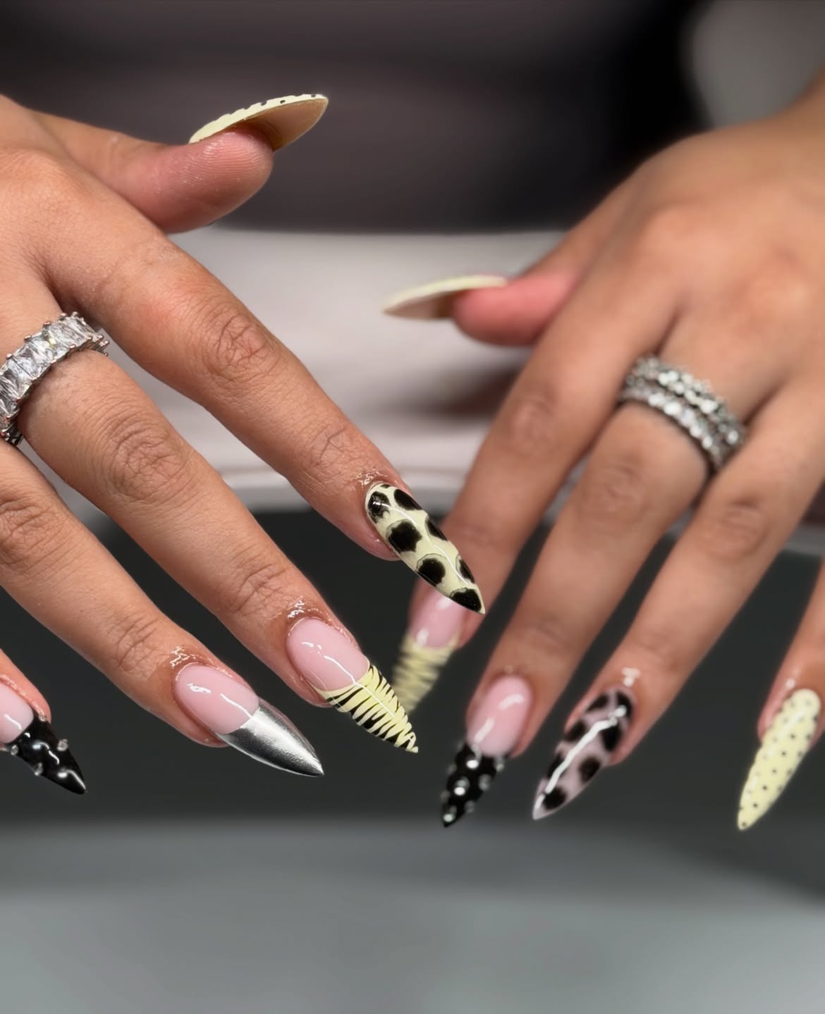 Cow Print & Chrome Stiletto Nails