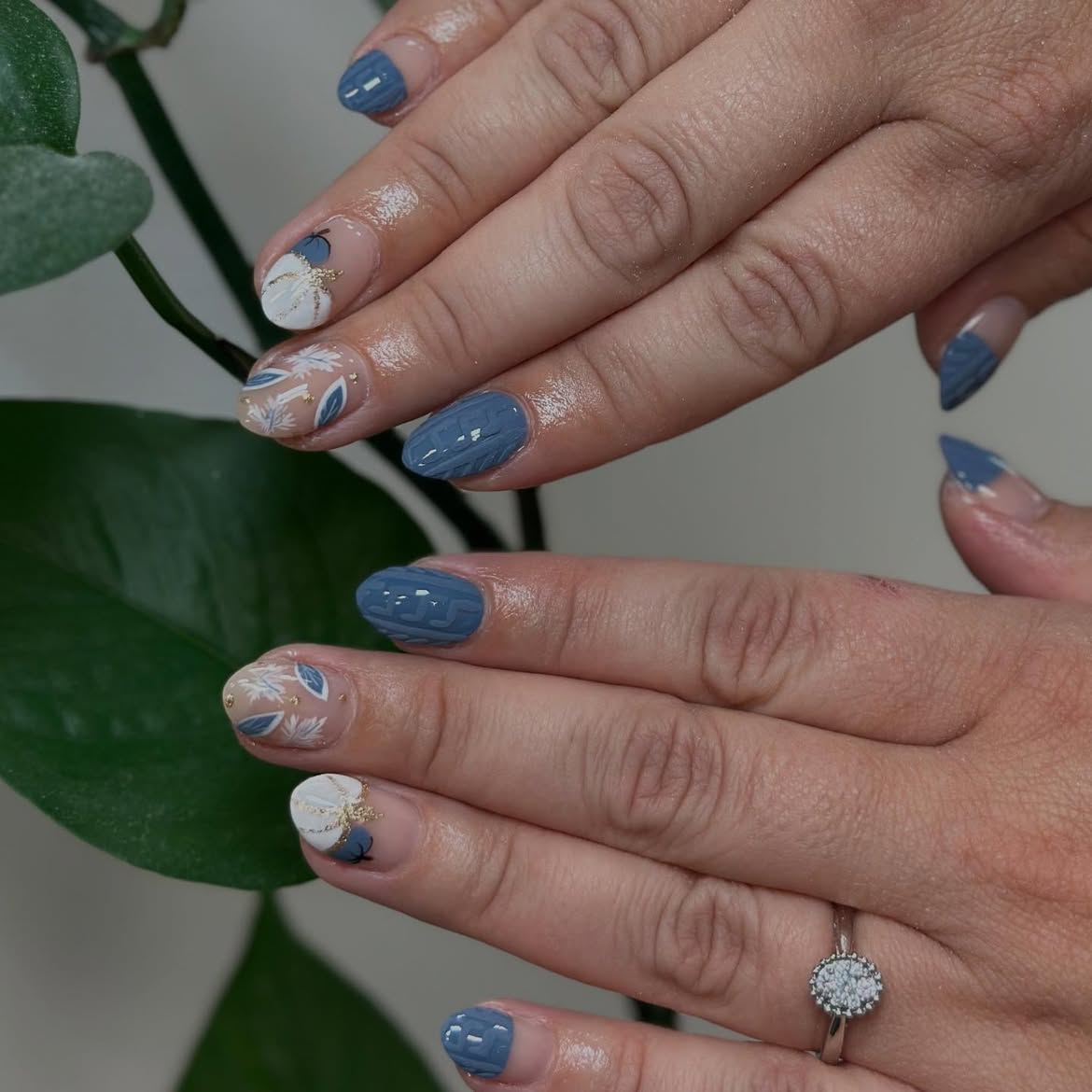 Cozy Blue Cable Knit Autumn Almond Nails