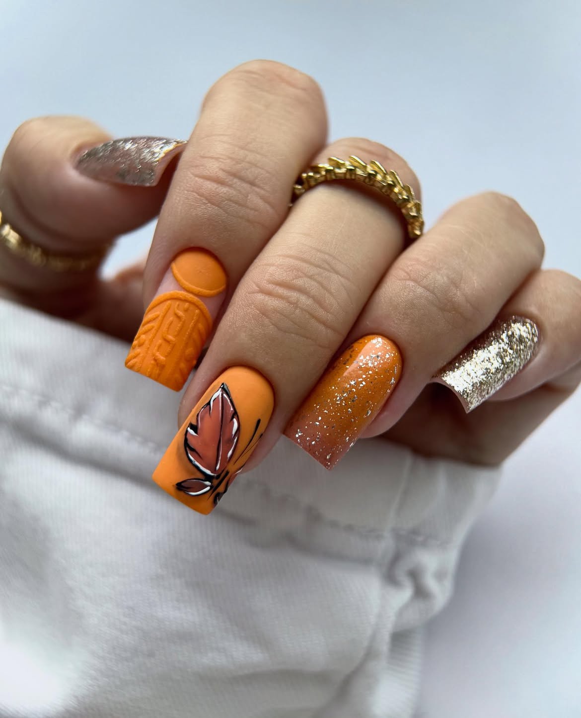 Cozy Cable Knit Orange Fall Leaf Nails