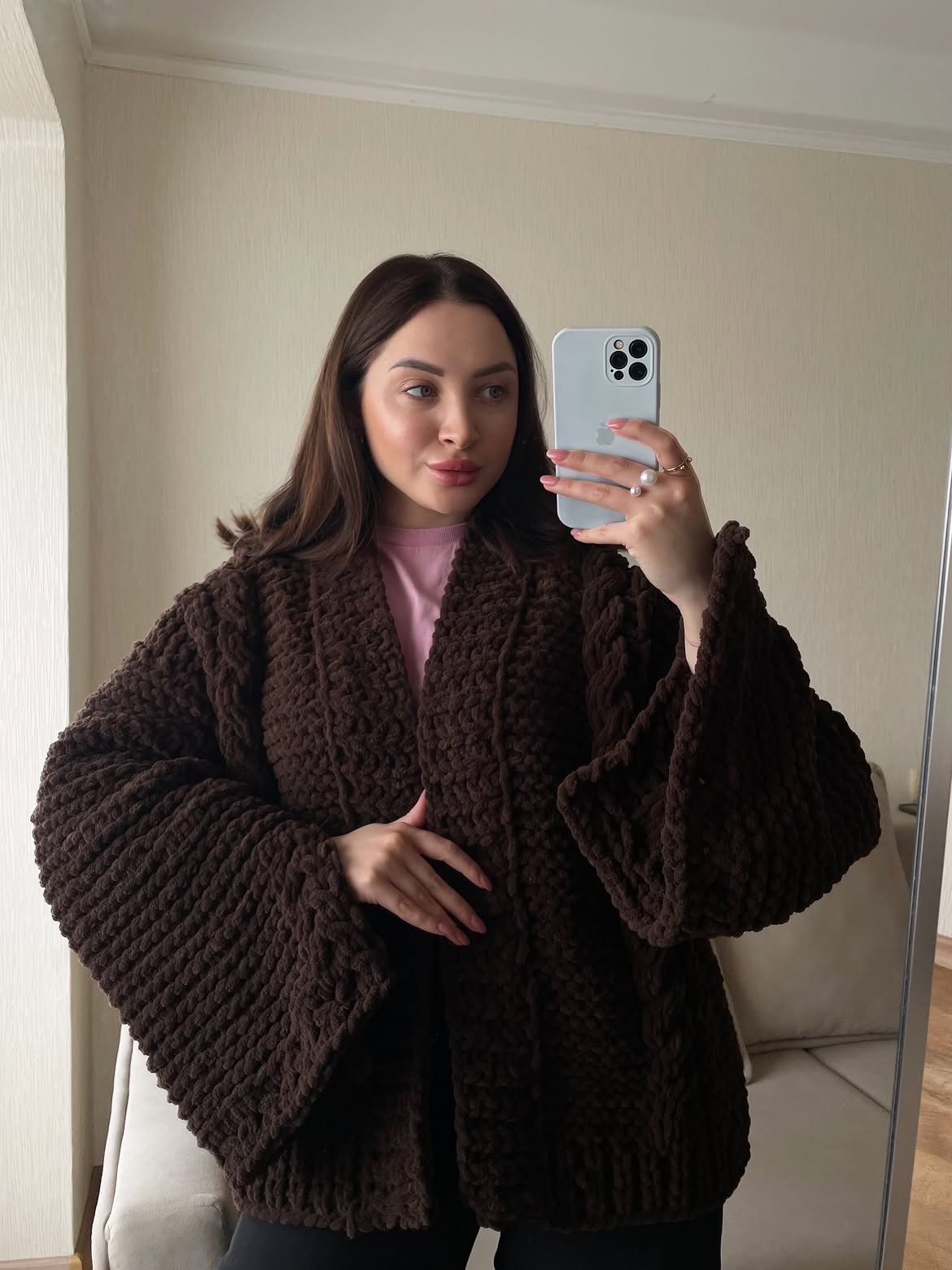 Cozy Chocolate Brown Chunky Knit Cardigan With Pink Top