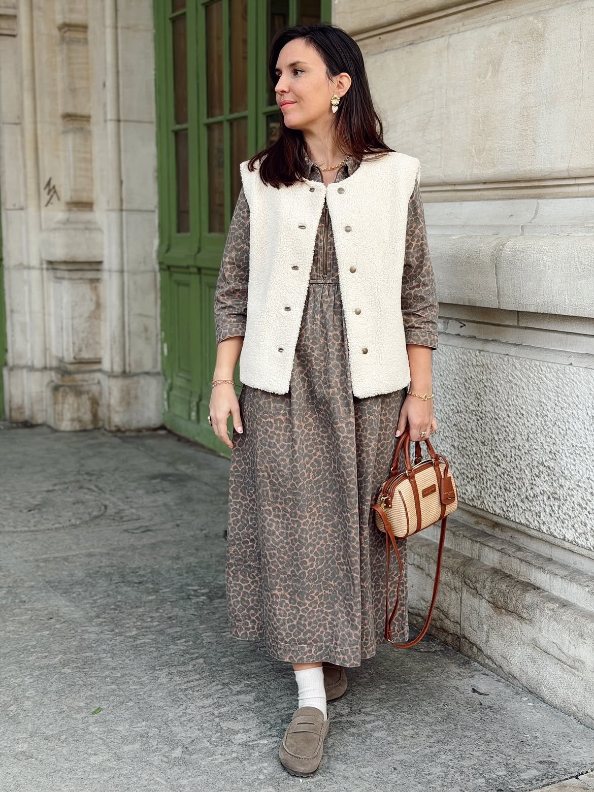 Cozy Fleece Vest Over Leopard Midi Dress Look