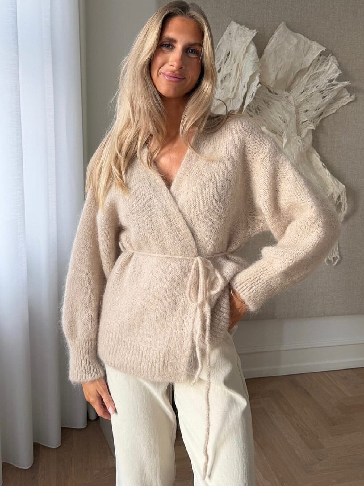 Cozy Knit Wrap Cardigan With Cream Trousers