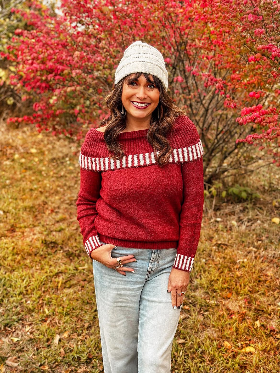 Cozy Off-Shoulder Sweater With Light Wash Denim