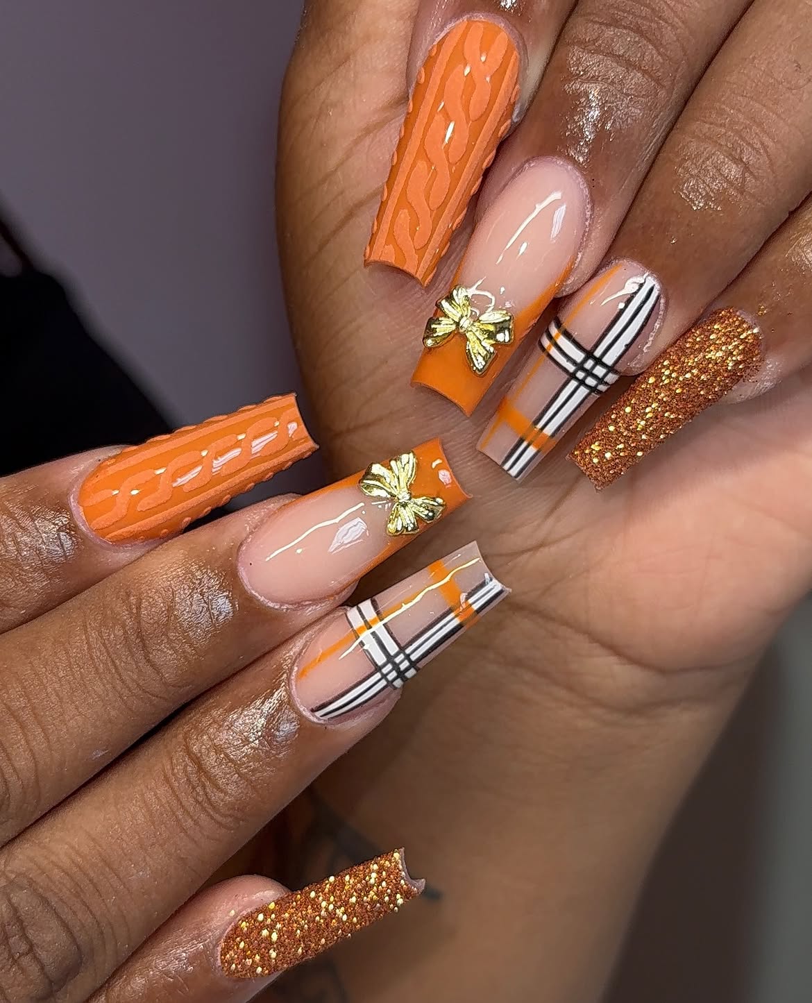 Cozy Orange Cable Knit Plaid French Tips