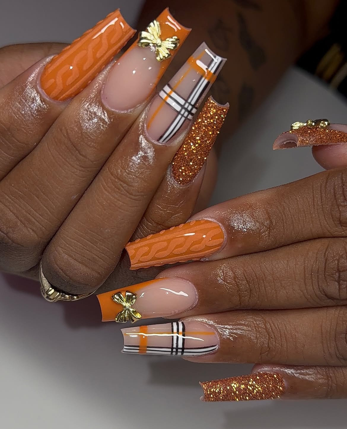 Cozy Orange Plaid Cable Knit French Tips