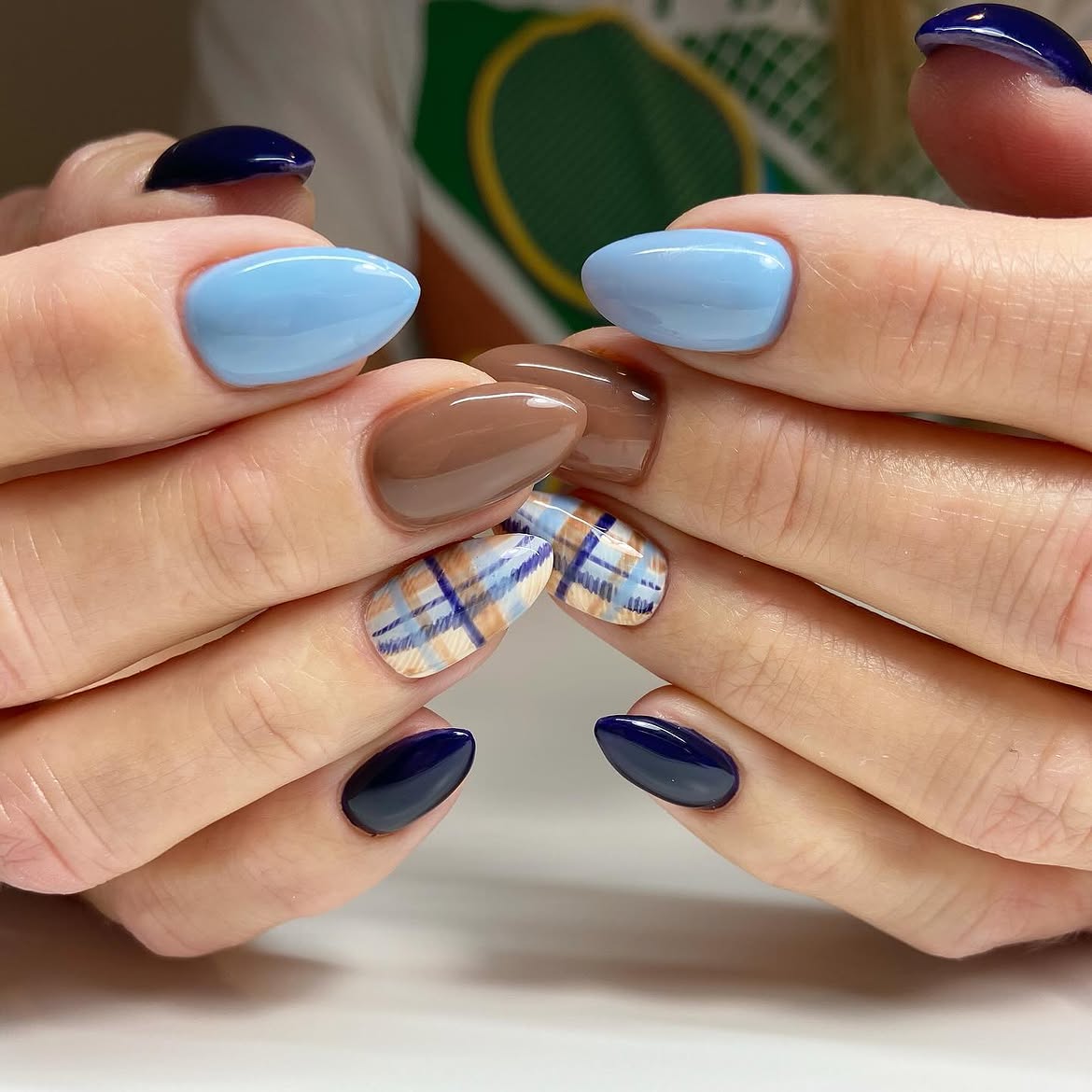 Cozy Plaid and Blue Almond Nails