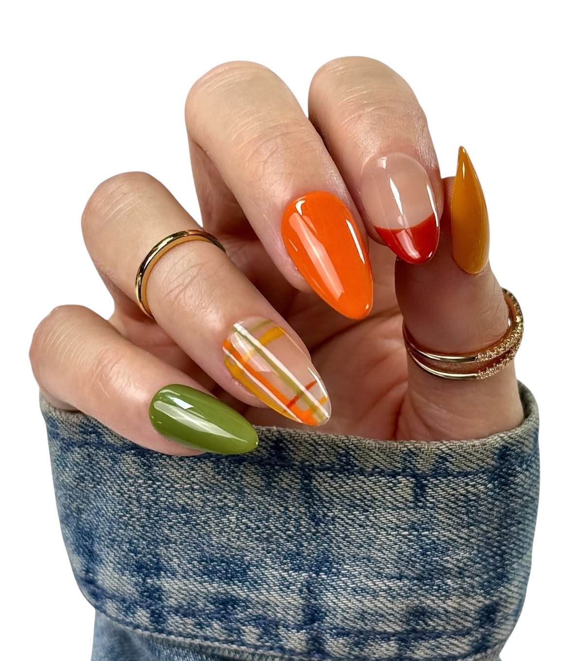 Cozy Plaid and Solid Fall Almond Nails