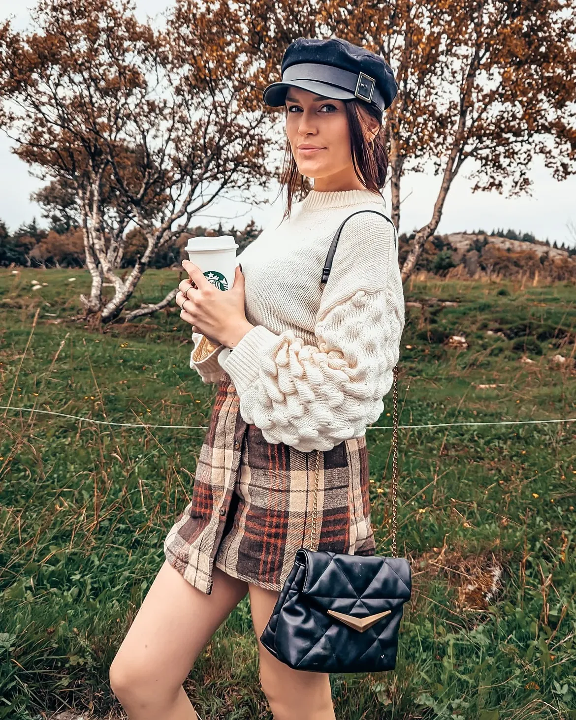 Cozy Plaid Mini Skirt And Textured Knit Sweater