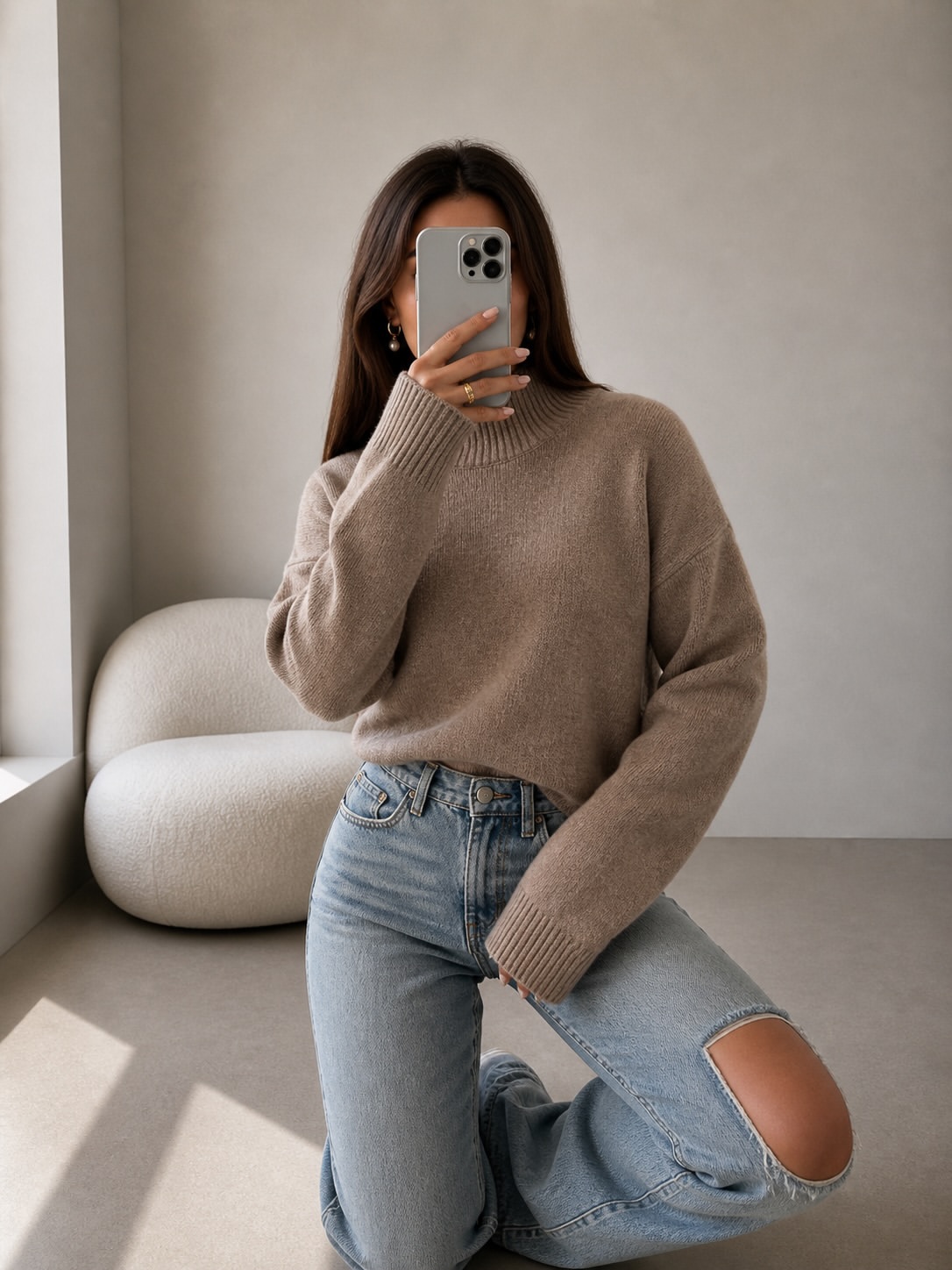 Cozy Taupe Mock Neck Sweater With Relaxed Fit Jeans