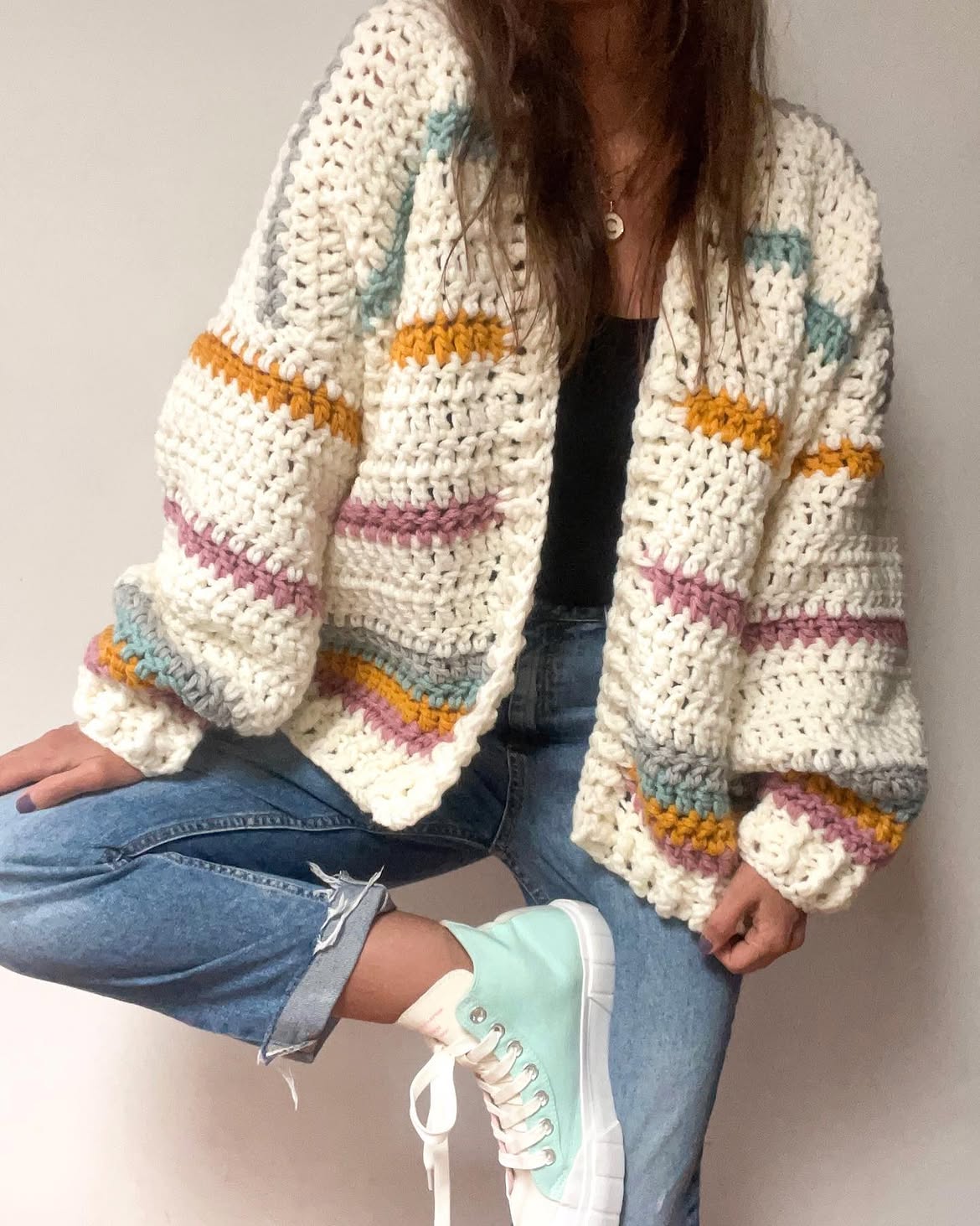 Crafted Crochet Cardigan With Distressed Denim