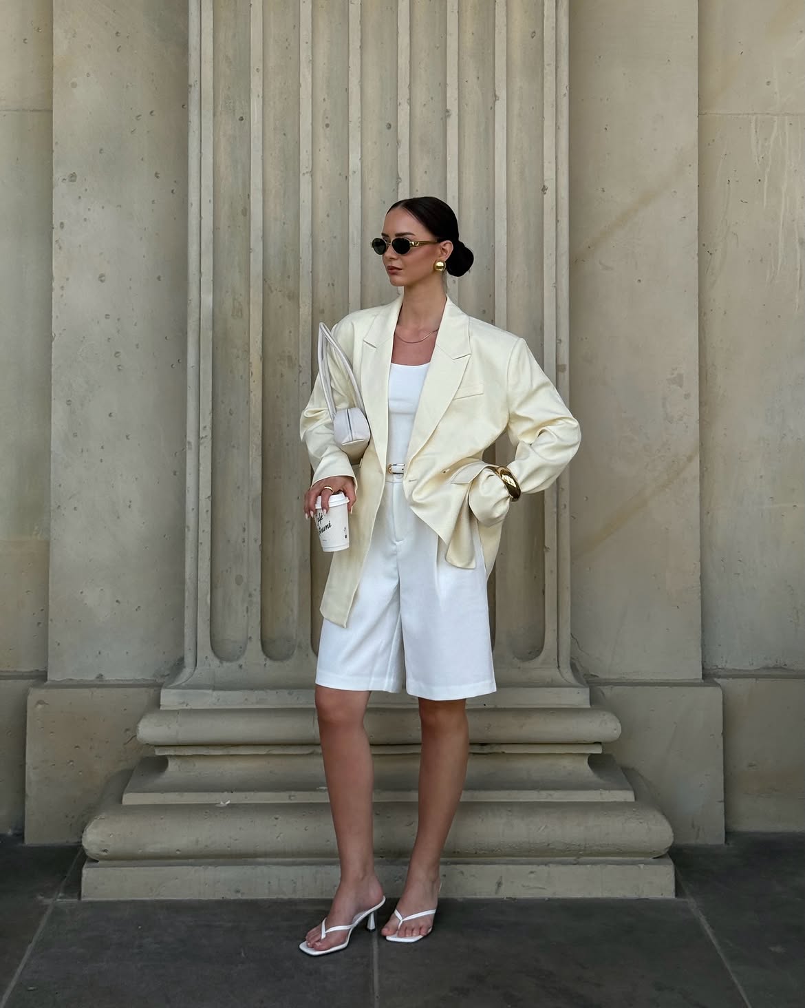 Cream Oversized Blazer With White Bermuda Shorts