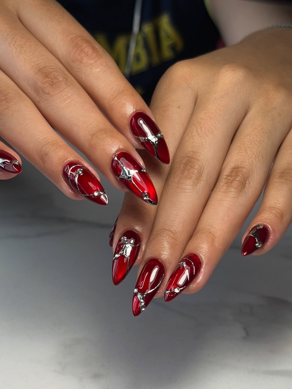 Crimson Chrome and Silver Embellished Stilettos